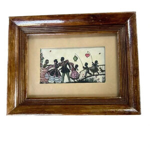 Vintage Colorful Silhouette Woodblock Print Frame of Family Celebrating